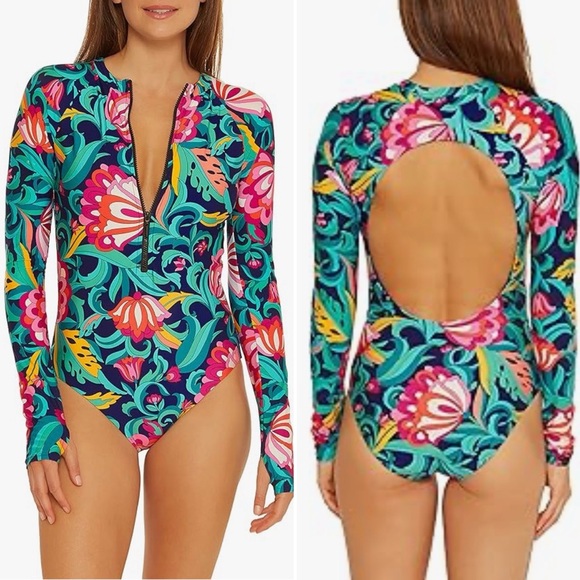 Trina Turk Standard India Garden Paddle Long Sleeve One Piece Swimsuit Floral - Picture 1 of 13